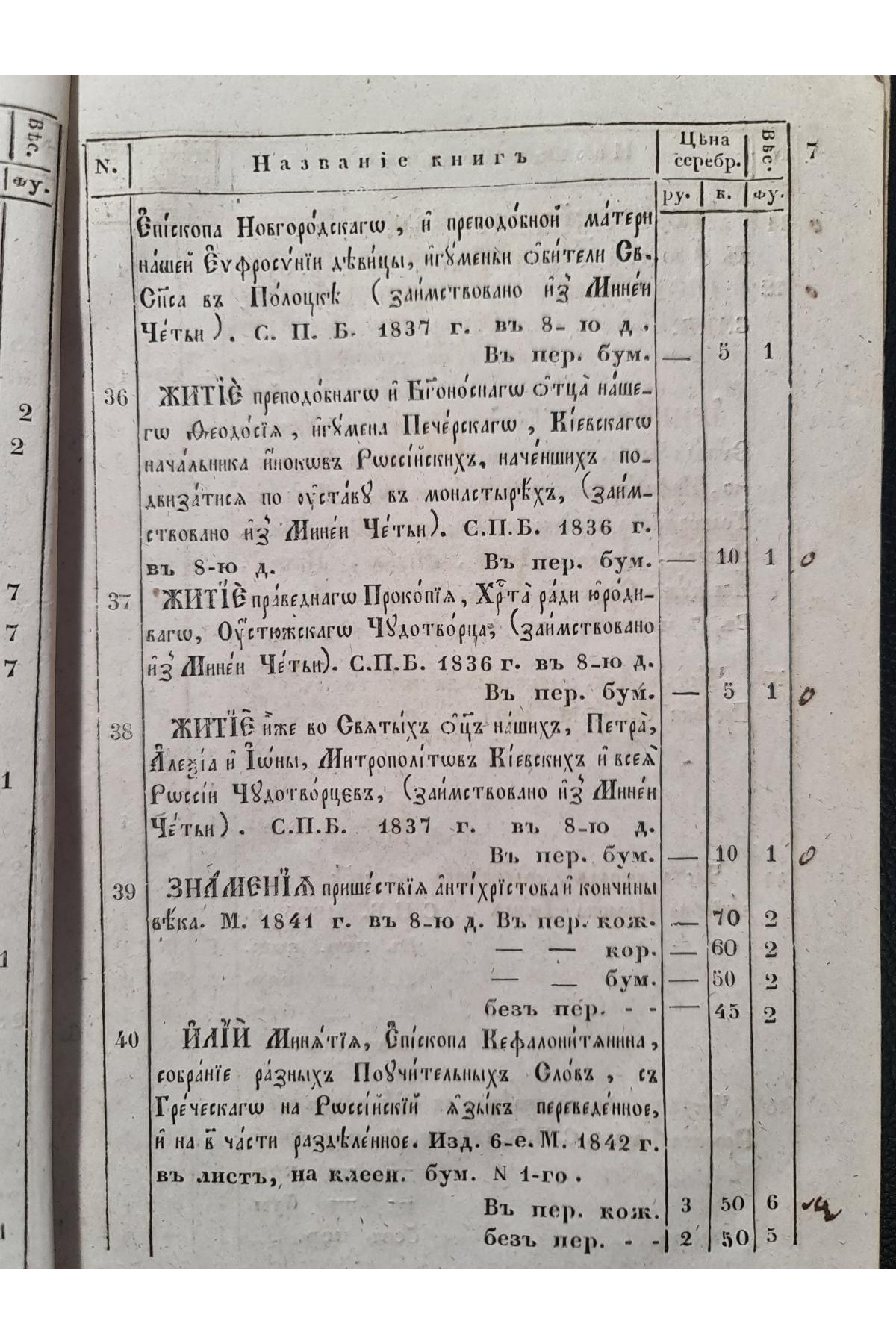 1844 р. Каталог книг продающимся в Сунодальных книжных лавках  