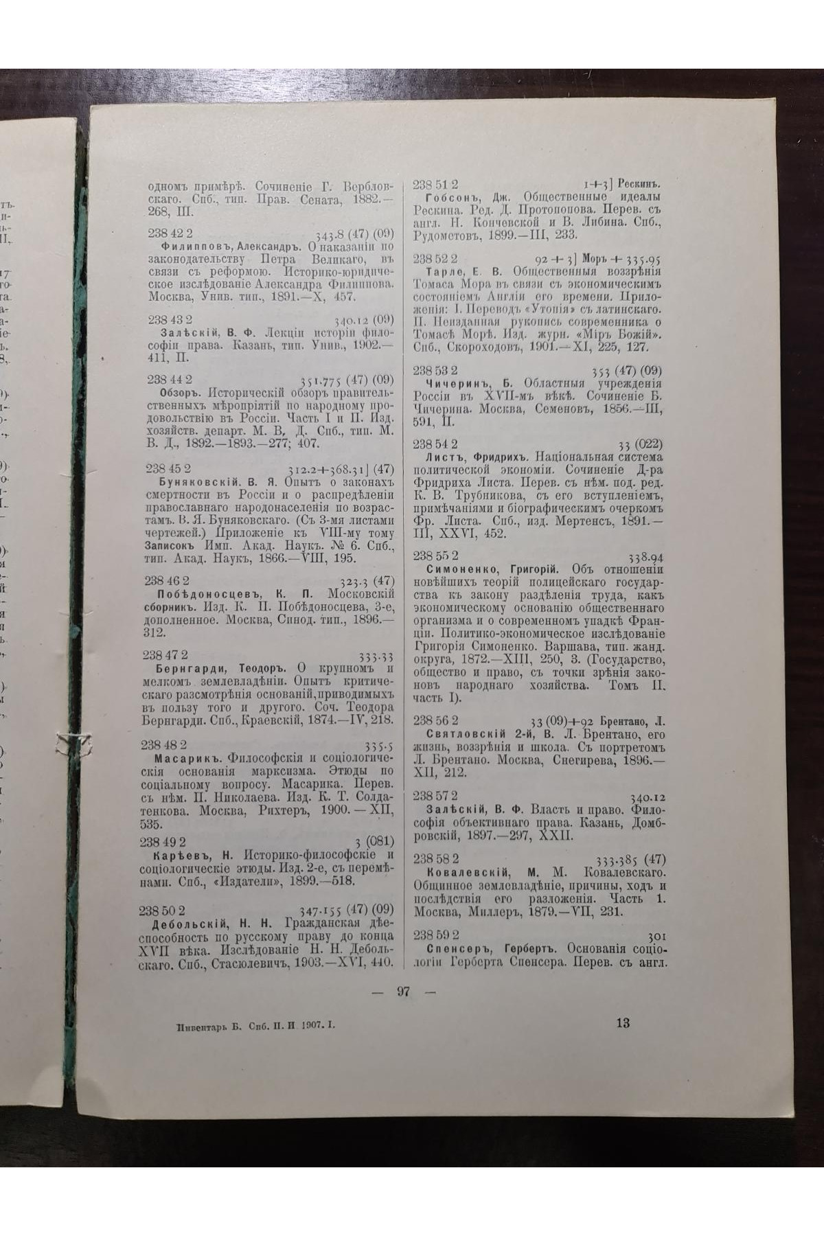 1908 г. Инвентарь библиотеки С-Петербургского политического института 